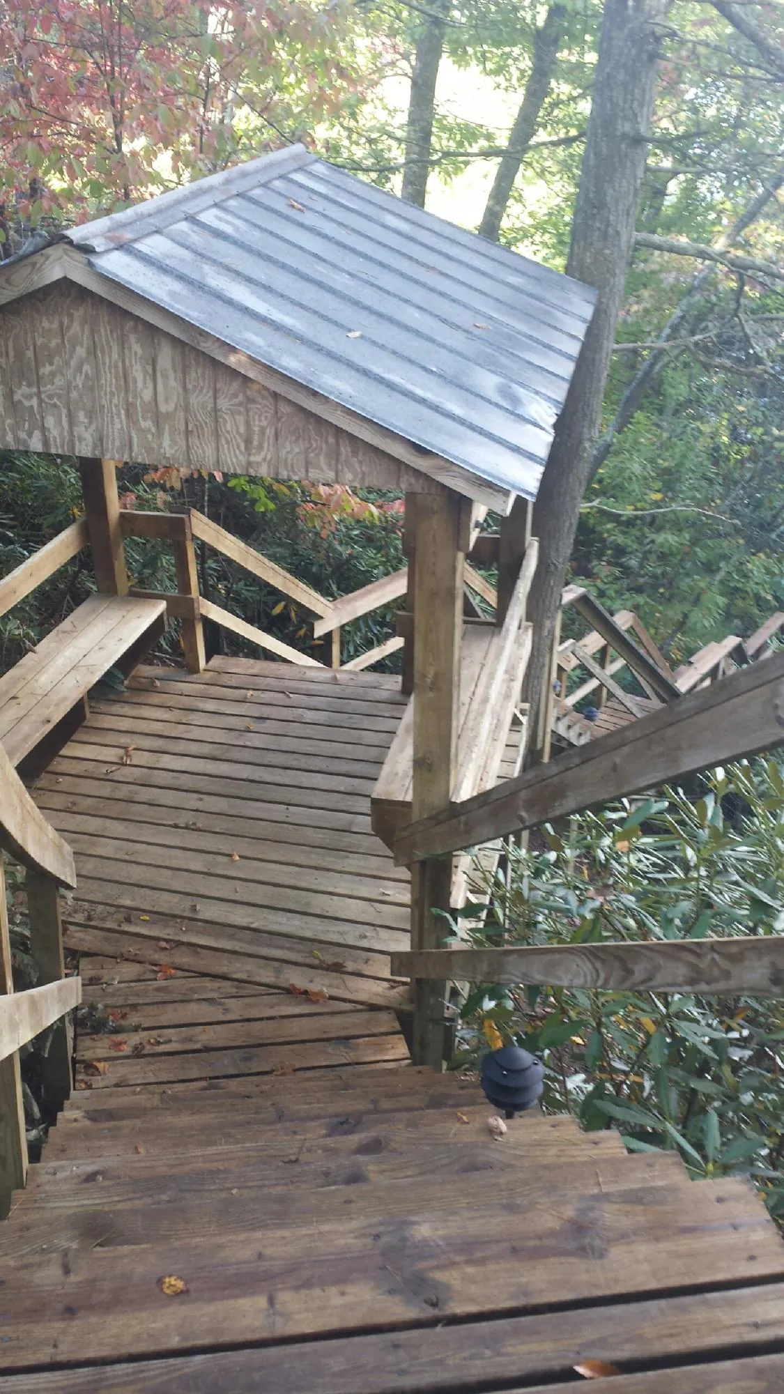 Metal roofed shelter over wooden steps on a wooded walkway — Skylight Repair & Installation work by our crew in North Palm Beach